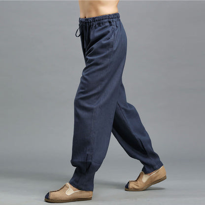 Mythstone Casual Plain Color Elastic Drawstring Ramie Linen Men's Pants With Pockets