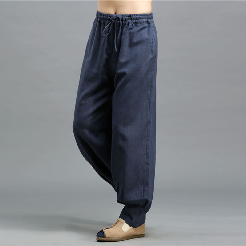 Mythstone Casual Plain Color Elastic Drawstring Ramie Linen Men's Pants With Pockets