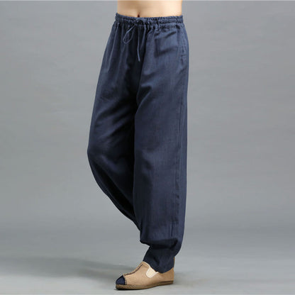 Mythstone Casual Plain Color Elastic Drawstring Ramie Linen Men's Pants With Pockets