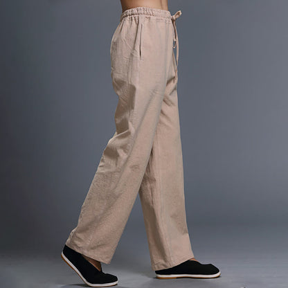 Mythstone Casual Plain Color Drawstring Linen Men's Pants With Pockets