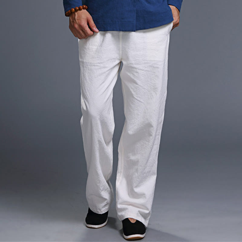 Mythstone Casual Plain Color Drawstring Linen Men's Pants With Pockets