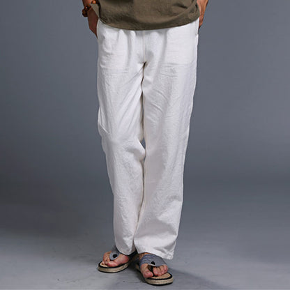 Mythstone Casual Plain Color Drawstring Linen Men's Pants With Pockets