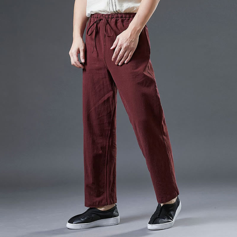 Mythstone Casual Plain Color Drawstring Linen Men's Pants With Pockets