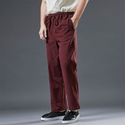 Mythstone Casual Plain Color Drawstring Linen Men's Pants With Pockets