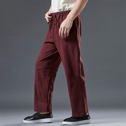 Mythstone Casual Plain Color Drawstring Linen Men's Pants With Pockets