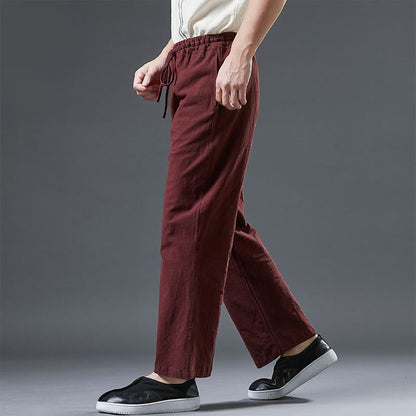 Mythstone Casual Plain Color Drawstring Linen Men's Pants With Pockets