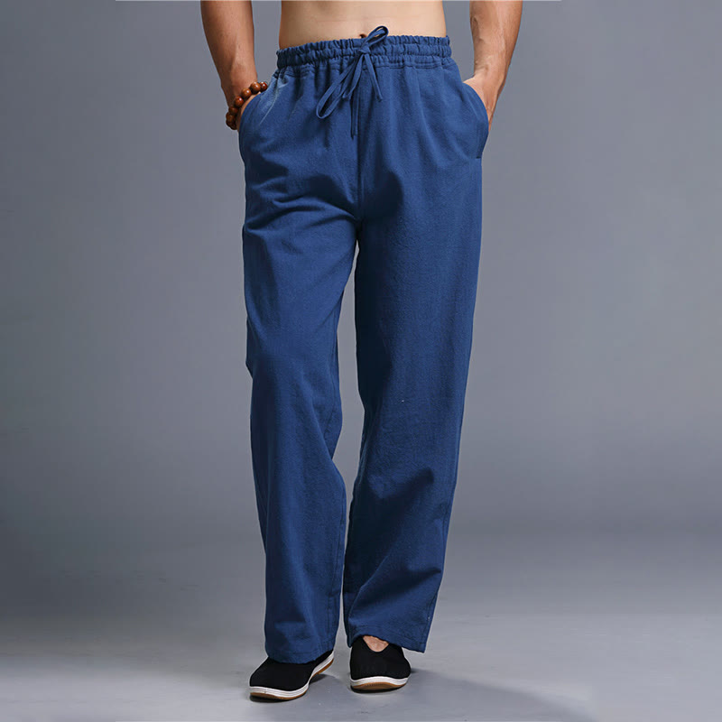 Mythstone Casual Plain Color Drawstring Linen Men's Pants With Pockets