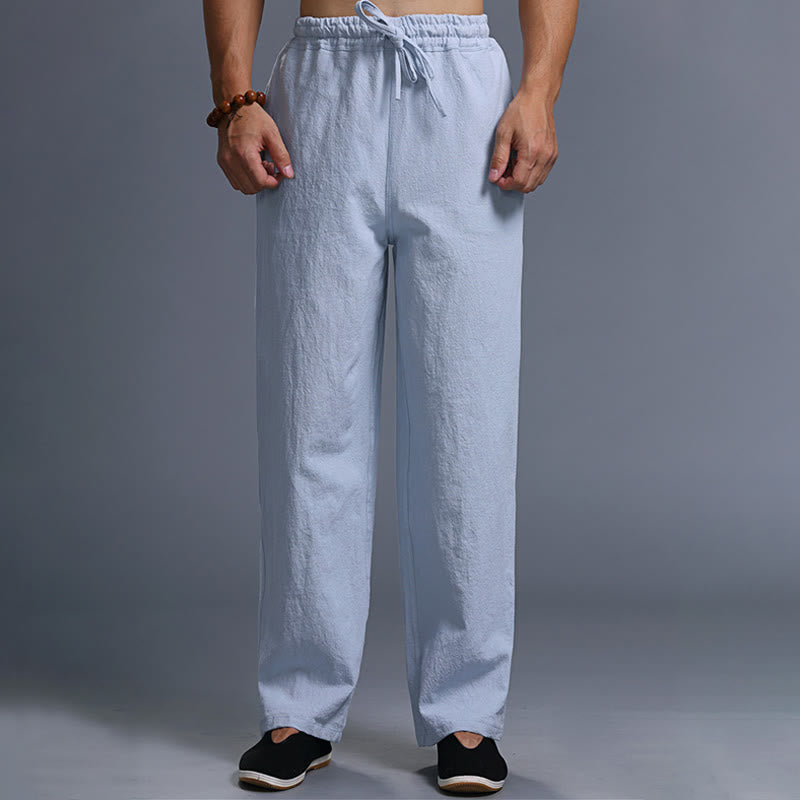 Mythstone Casual Plain Color Drawstring Linen Men's Pants With Pockets