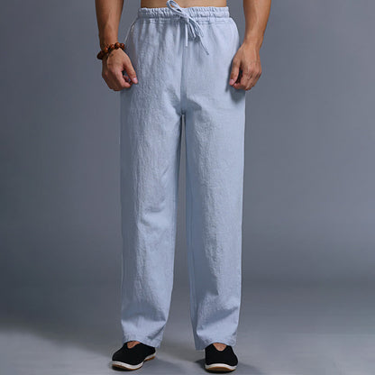 Mythstone Casual Plain Color Drawstring Linen Men's Pants With Pockets