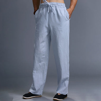 Mythstone Casual Plain Color Drawstring Linen Men's Pants With Pockets