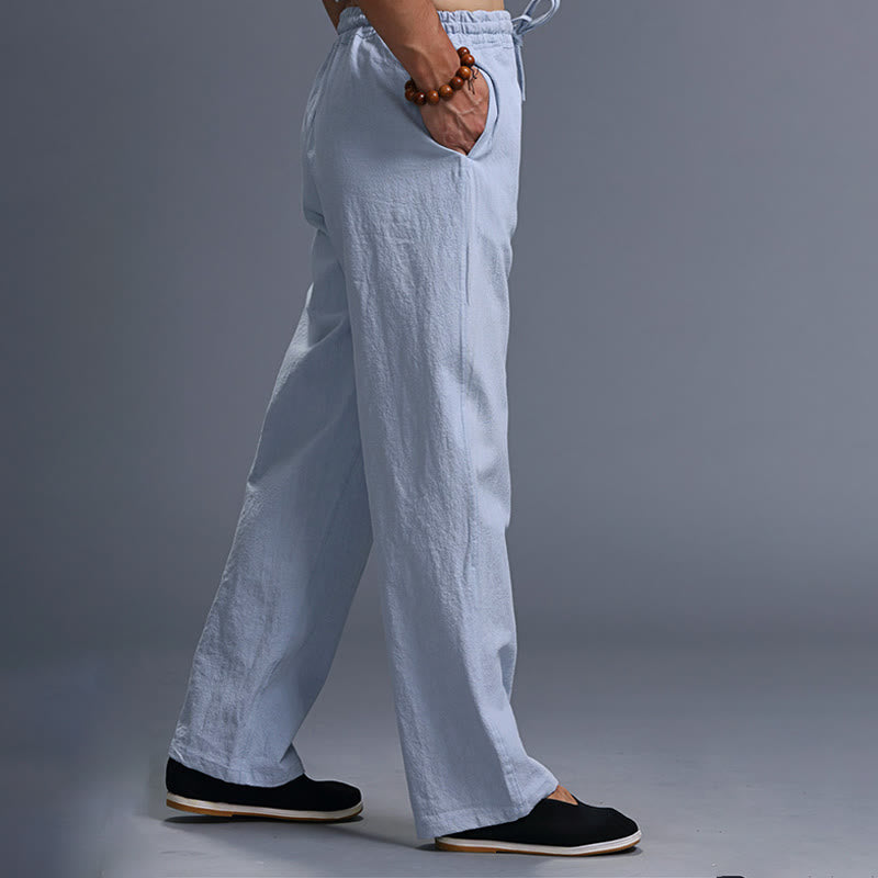 Mythstone Casual Plain Color Drawstring Linen Men's Pants With Pockets