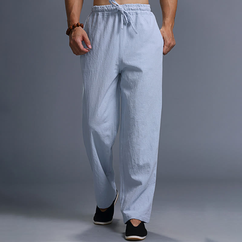 Mythstone Casual Plain Color Drawstring Linen Men's Pants With Pockets