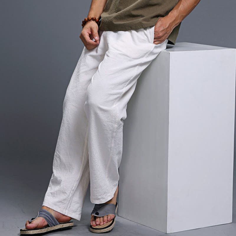 Mythstone Casual Plain Color Drawstring Linen Men's Pants With Pockets