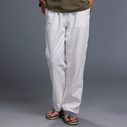 Mythstone Casual Plain Color Drawstring Linen Men's Pants With Pockets