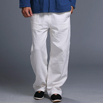 Mythstone Casual Plain Color Drawstring Linen Men's Pants With Pockets