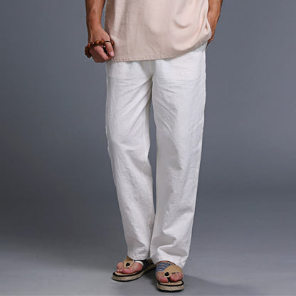 Mythstone Casual Plain Color Drawstring Linen Men's Pants With Pockets