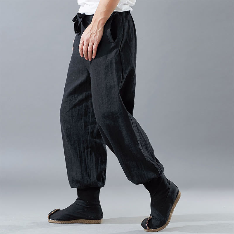 Pantalones de hombre de lino ramio con cremallera frontal de color liso y bolsillos Mythstone