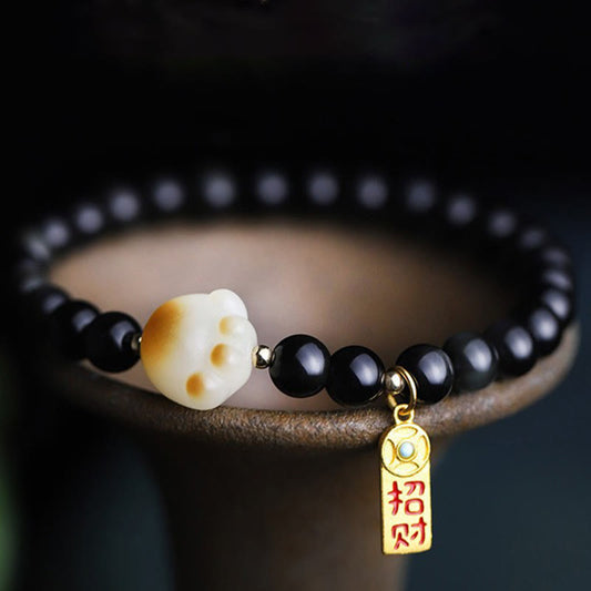 Pulsera de purificación con amuleto de la suerte y la fortuna con semilla de Bodhi y pata de gato de obsidiana negra Mythstone