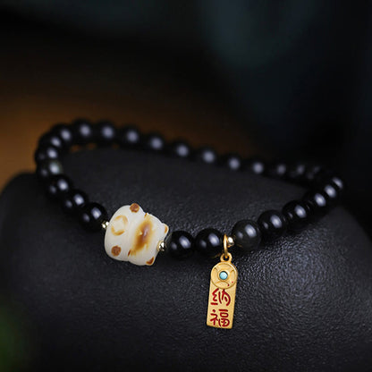 Mythstone Black Obsidian Cat Paw Bodhi Seed Lucky Fortune Charm Purification Bracelet