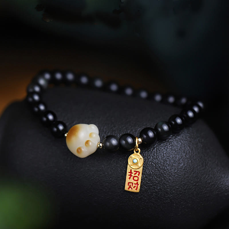 Mythstone Black Obsidian Cat Paw Bodhi Seed Lucky Fortune Charm Purification Bracelet