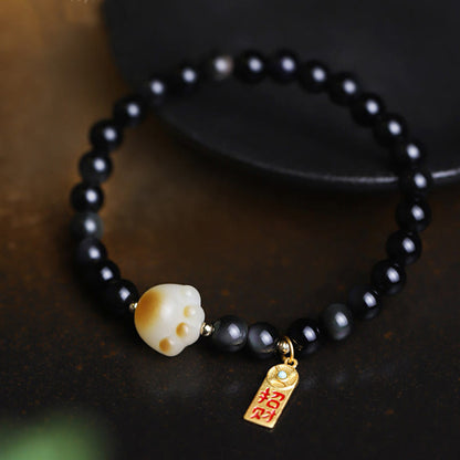 Mythstone Black Obsidian Cat Paw Bodhi Seed Lucky Fortune Charm Purification Bracelet