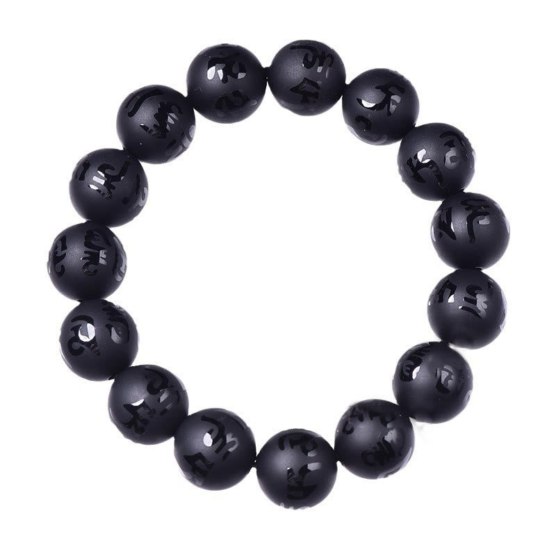 Mythstone Natural Black Onyx Om Mani Padme Hum Carved Protection Bracelet