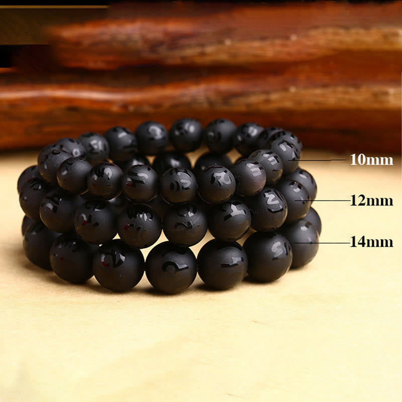 Mythstone Natural Black Onyx Om Mani Padme Hum Carved Protection Bracelet