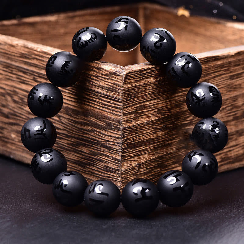 Mythstone Natural Black Onyx Om Mani Padme Hum Carved Protection Bracelet