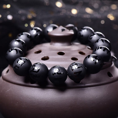 Mythstone Natural Black Onyx Om Mani Padme Hum Carved Protection Bracelet