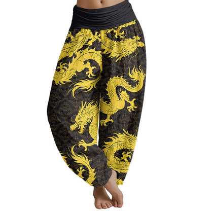 Pantalones harén con cintura elástica para mujer con estampado de dragón de Mythstone 