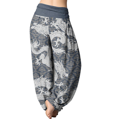 Pantalones harén con cintura elástica para mujer con estampado de dragón de Mythstone 