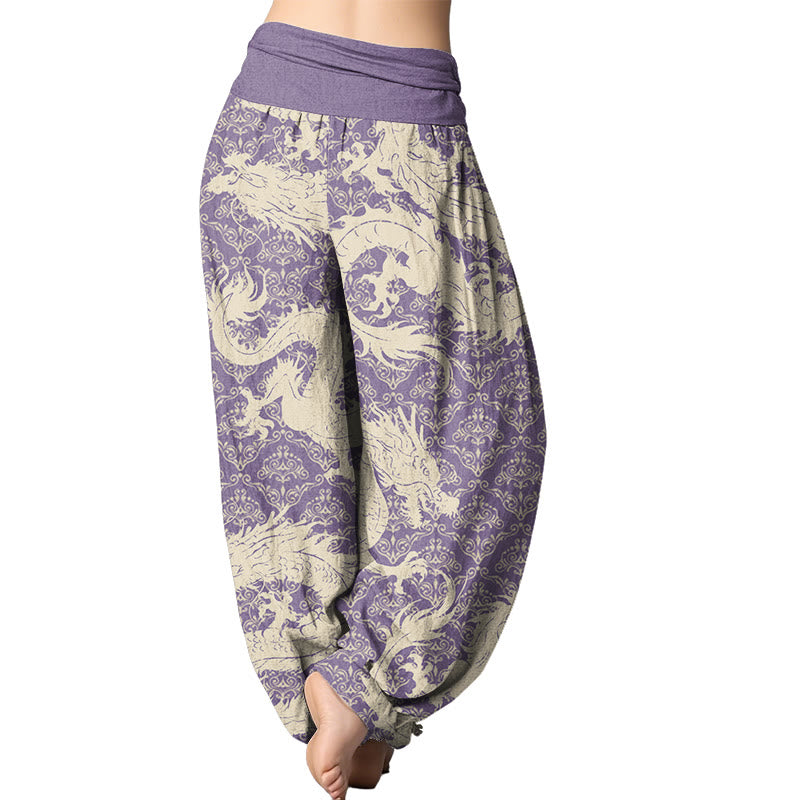 Pantalones harén con cintura elástica para mujer con estampado de dragón de Mythstone 