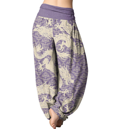 Pantalones harén con cintura elástica para mujer con estampado de dragón de Mythstone 