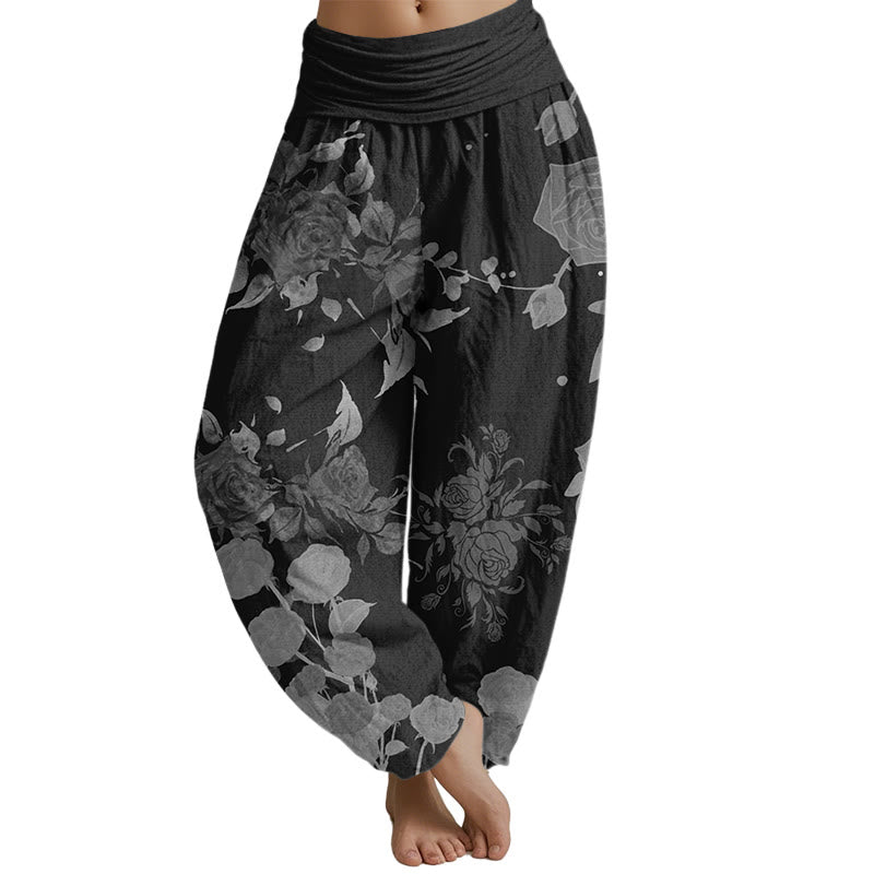 Mythstone Blooming Budding Flowers Pattern Women's Elastic Waist Harem Pants