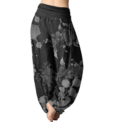 Mythstone Blooming Budding Flowers Pattern Women's Elastic Waist Harem Pants