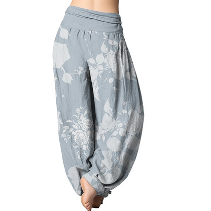 Mythstone Blooming Budding Flowers Pattern Women's Elastic Waist Harem Pants