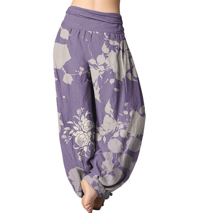 Mythstone Blooming Budding Flowers Pattern Women's Elastic Waist Harem Pants