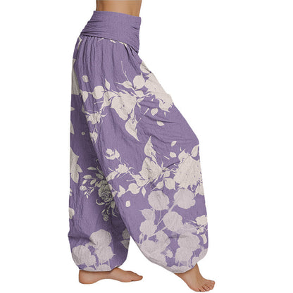 Mythstone Blooming Budding Flowers Pattern Women's Elastic Waist Harem Pants