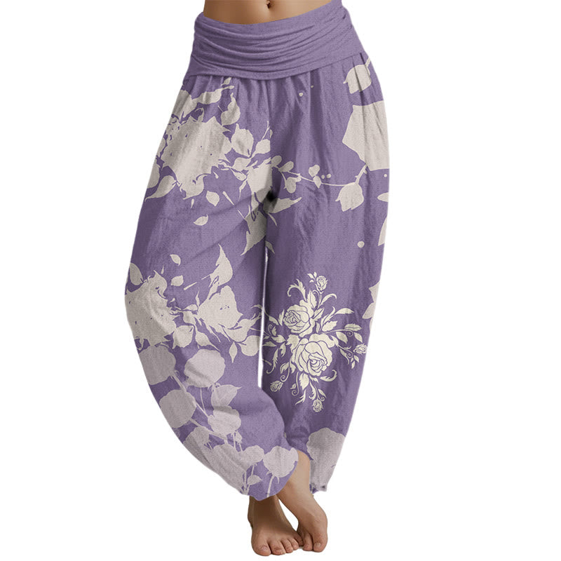 Mythstone Blooming Budding Flowers Pattern Women's Elastic Waist Harem Pants