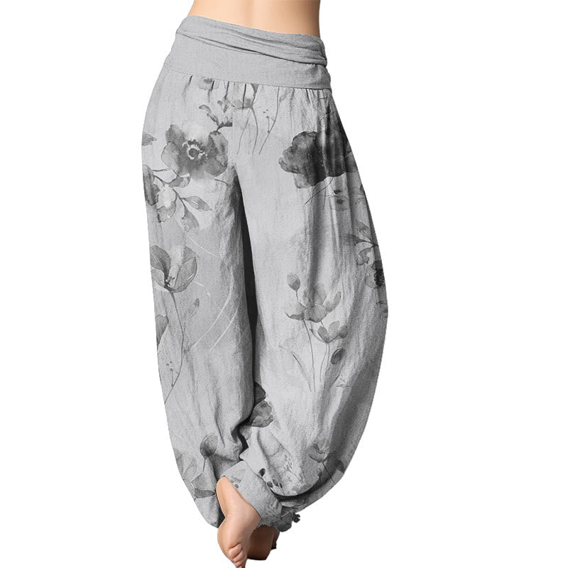 Mythstone Blooming Varying Flower Pattern Women's Elastic Waist Harem Pants