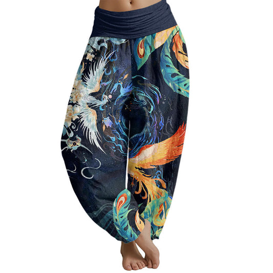 Pantalones harén con cintura elástica para mujer con estampado de flores de fénix de Mythstone 