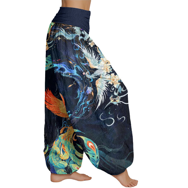 Mythstone Phoenix Flower Pattern Women's Elastic Waist Harem Pants