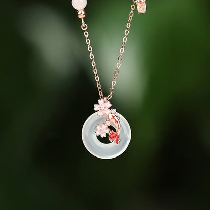 Mythstone Chalcedony Pink Crystal 925 Sterling Silver Flowers Koi Fish Peace Buckle Positive Necklace Pendant