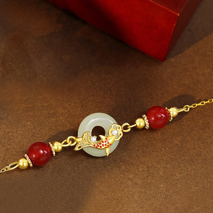 Pulsera de la suerte con hebilla de la paz y pez koi bañada en plata de ley 925 con cuentas de ágata roja y jade hetiano natural Mythstone 