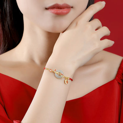 Mythstone Natural Hetian Jade Red String 925 Sterling Silver Plated Gold Koi Fish Lucky Bag Fu Character Peace Buckle Luck Bracelet