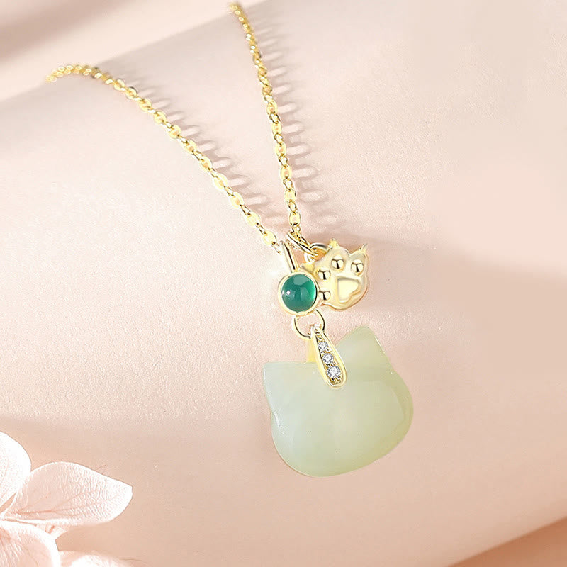 Mythstone Hetian Jade 925 Sterling Silver Plated Gold Cat Head Cat Paw Abundance Necklace Pendant