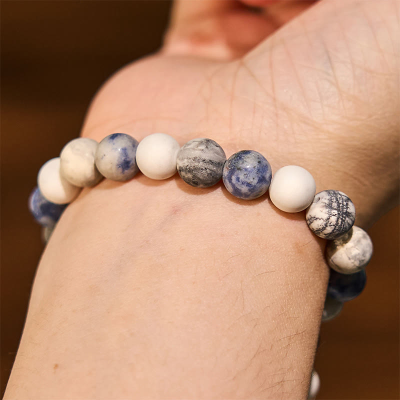 Pulsera relajante de jaspe Picasso, turquesa blanca y jaspe con puntos azules Mythstone 