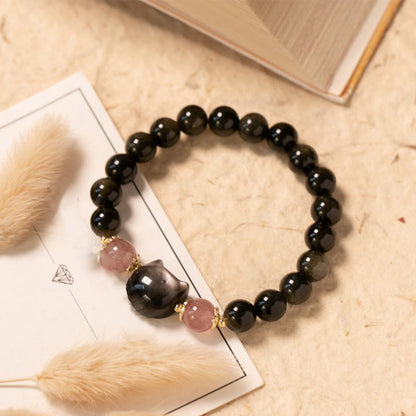 Mythstone Black Obsidian Strawberry Quartz Beads Silver Sheen Obsidian Cat Head Strength  Bracelet