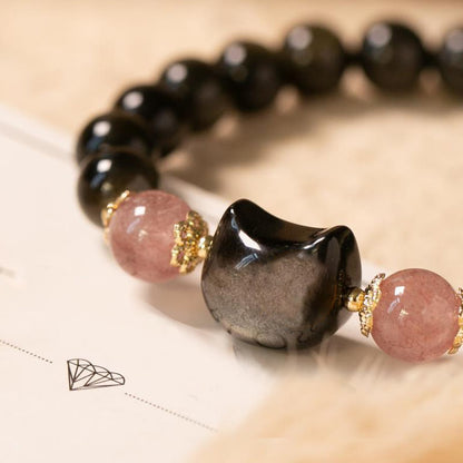 Mythstone Black Obsidian Strawberry Quartz Beads Silver Sheen Obsidian Cat Head Strength  Bracelet