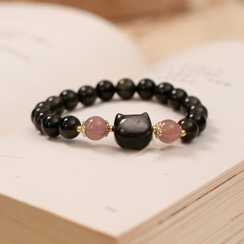 Mythstone Black Obsidian Strawberry Quartz Beads Silver Sheen Obsidian Cat Head Strength  Bracelet